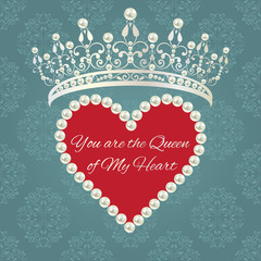 Damask pattern with tiara and heart of pearls with sample text