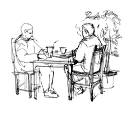 sketch of two friends in a cafe at a table drinking tea coffee