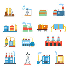 Industrial building factories and plants icons set isolated