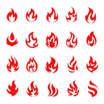 Red fire flame  icons and pictograms set isolated