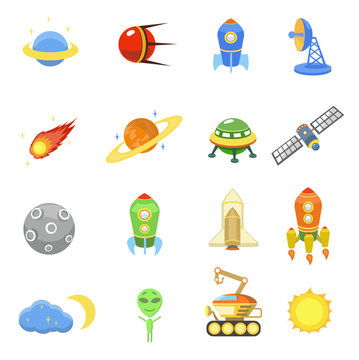 Space icons set of rocket  galaxy  planet ufo  illustration