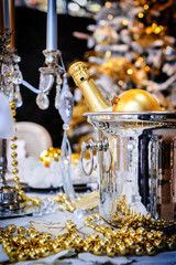 Christmas table setting with champagne