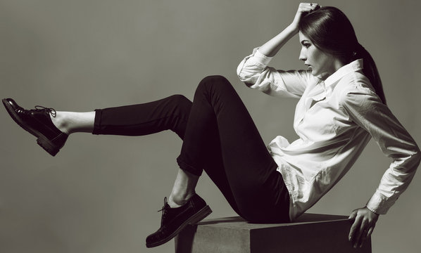 Female beauty concept. Portrait of fashionable young girl in cla