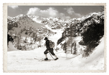 Black and white photos, Skier with vintage skis - 74682490