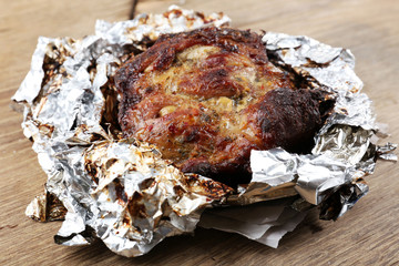 Delicious beef steak on table