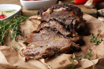 Delicious grilled meat on table