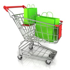 Shopping cart full of green shopping paper bags. Isolated