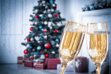 Two Champagne Glasses On Defocused Background Living Room