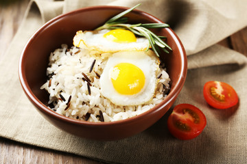 Tasty rice served on table, close-up