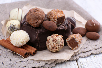 Pile of chunk of chocolate and truffles with cinnamon stick