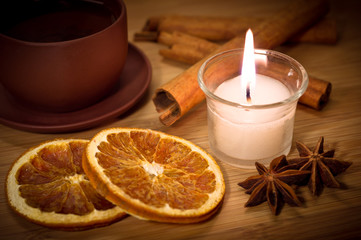 Hot winter tea with candlelight