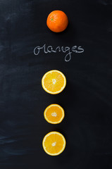 Orange fruits and handwritten word "oranges"
