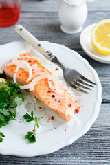 Tasty Salmon Fillet on a white plate