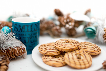 Fototapeta na wymiar Cookies and biscuits, coffee, served as breakfast meal isolated