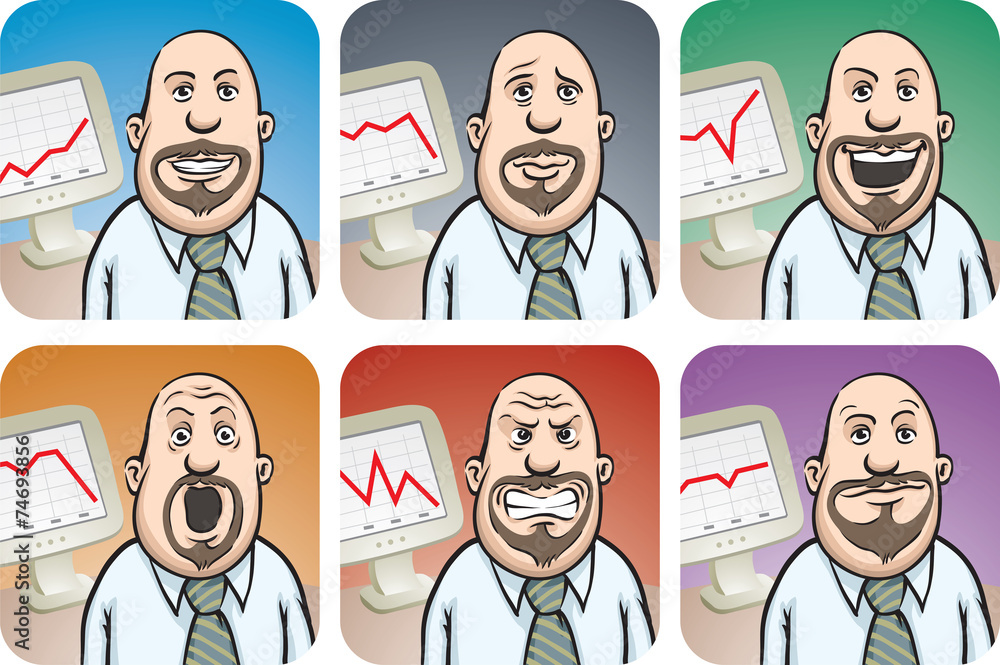 Poster bearded businessman with chart on display in various emotions