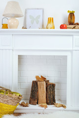 Fireplace with beautiful decorations in comfortable living room