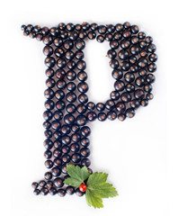 letter B made with black and red currants and green leaves