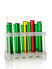 Test-tubes in container with colorful fluid isolated on white