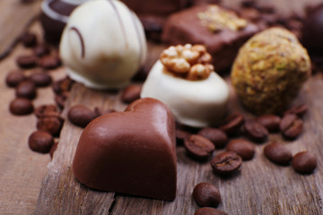Different chocolates with coffee beans