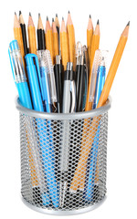 Group of pens and wooden pencils in metal vase isolated
