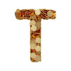 Alphabet letter T with golden coins isolated on white background