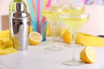Glasses of fruit cocktails in party close-up