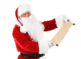 Santa Claus holding list of wishes isolated on white background