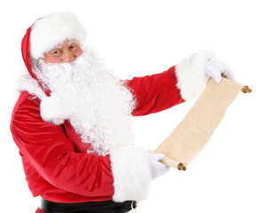 Santa Claus holding list of wishes isolated on white background