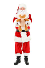 Santa Claus holding present isolated on white background