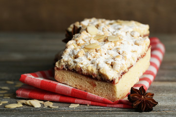 Tasty homemade pie on wooden table