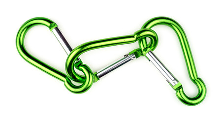 Three interlocked green carabiner clasps for mountain climbing
