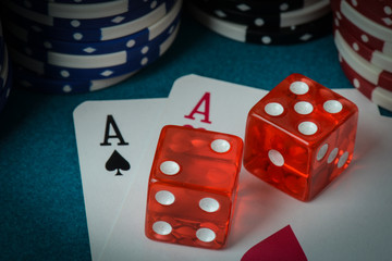 Playing Cards and Dice used with Gamling Chips
