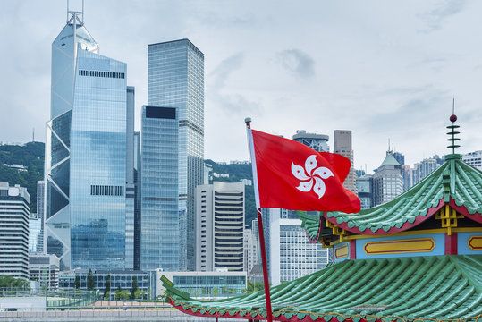 Hong Kong Flag with urban background