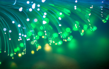 Green fiber optic background. Shallow depth of field.