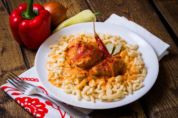 Traditional hungarian chicken paprikash with noodles