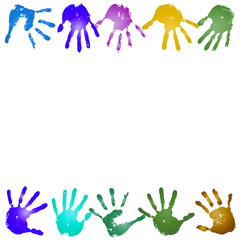 Conceptual children painted hand print frame isolated