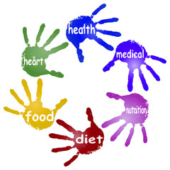 Conceptual children painted hand print word cloud