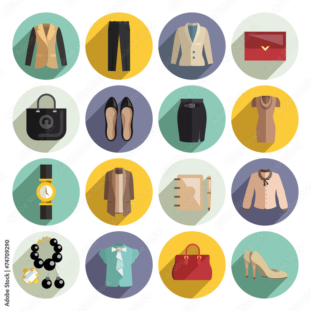 Sticker Business Woman Clothes Icons Set