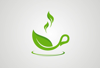 Cup tea green leaf logo vector