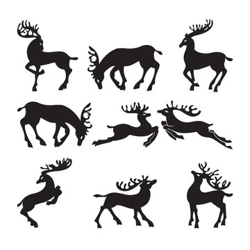 Collection of silhouettes of deer in different positions.