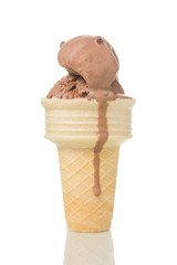 Melting chocolate ice cream in cone isolated on white.