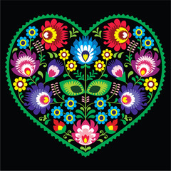 Polish folk art art heart with flowers - Wycinanki on black