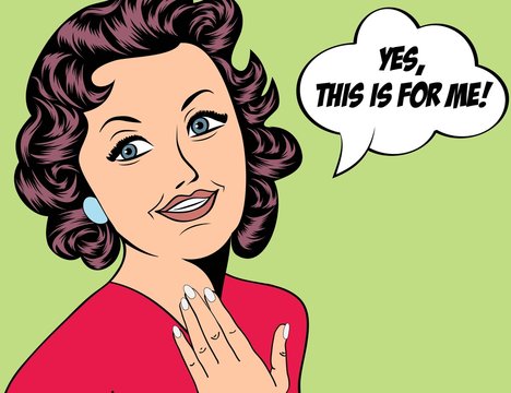 cute retro woman in comics style with message