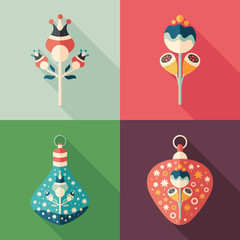 Colorful flowers and Christmas tree toys flat square icons.