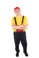 Worker wearing overalls.
