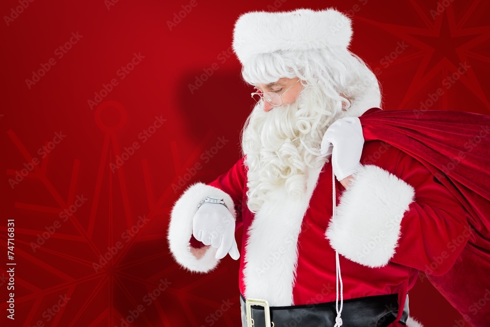Poster composite image of festive santa claus checking time
