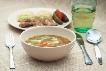 Vegetable soup and pork tenderlion
