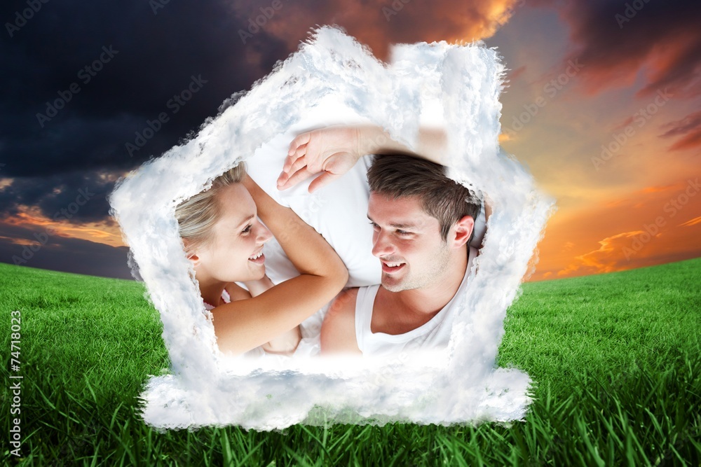 Poster composite image of couple relaxing in bed