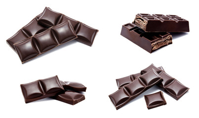 Collection of photos dark chocolate bars stack  isolated