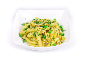 Pasta with parsley and green peas.
